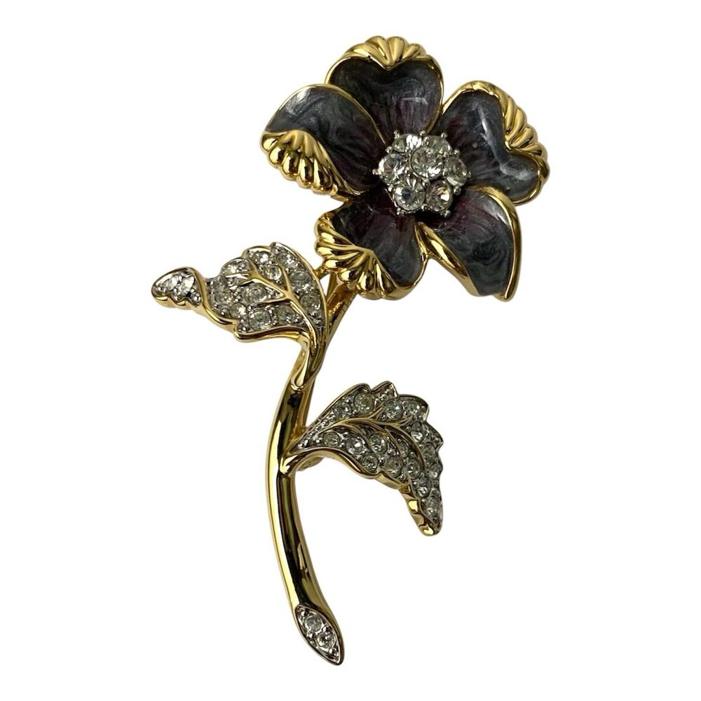 Nolan Miller Brooch/Pin Gray Enamel Crystals Gold Tone Signed